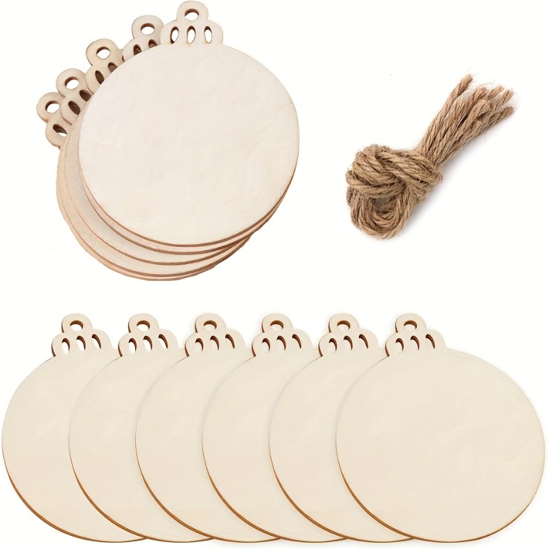 Round Blank Wood Slices with Twine, 10PCS Unfinished Predrilled Discs for DIY Crafts, Christmas Party Decor