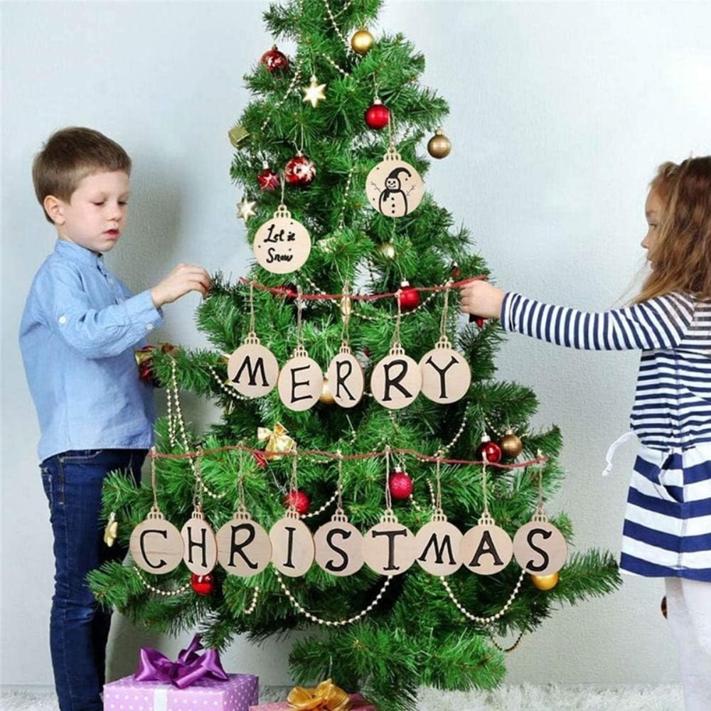 Round Blank Wood Slices with Twine, 10PCS Unfinished Predrilled Discs for DIY Crafts, Christmas Party Decor