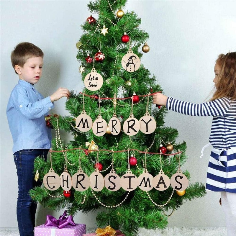 Round Blank Wood Slices with Twine, 10PCS Unfinished Predrilled Discs for DIY Crafts, Christmas Party Decor