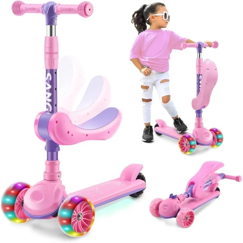 Adjustable Wheel Kick Scooter for Kids, Sit or Stand Ride, Non-Slip Deck with Brake for Boys and Girls