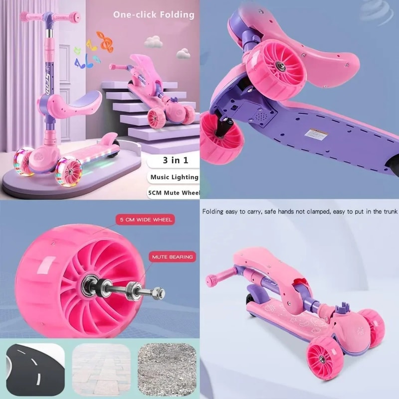 Adjustable Wheel Kick Scooter for Kids, Sit or Stand Ride, Non-Slip Deck with Brake for Boys and Girls