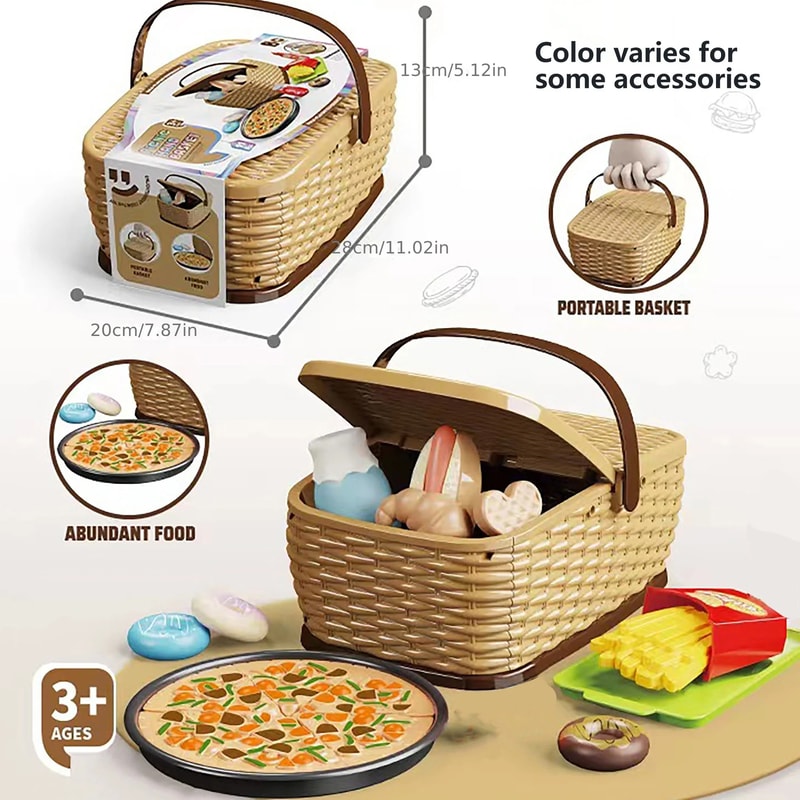 Fruit Toy Cutting Play Food Drink Toy, Pretend Play Simulation Kitchen Set for Kids, Portable Picnic Basket