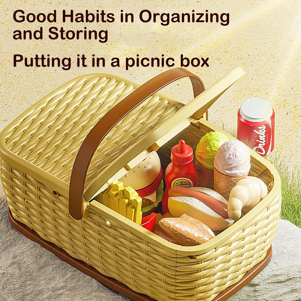 Fruit Toy Cutting Play Food Drink Toy, Pretend Play Simulation Kitchen Set for Kids, Portable Picnic Basket