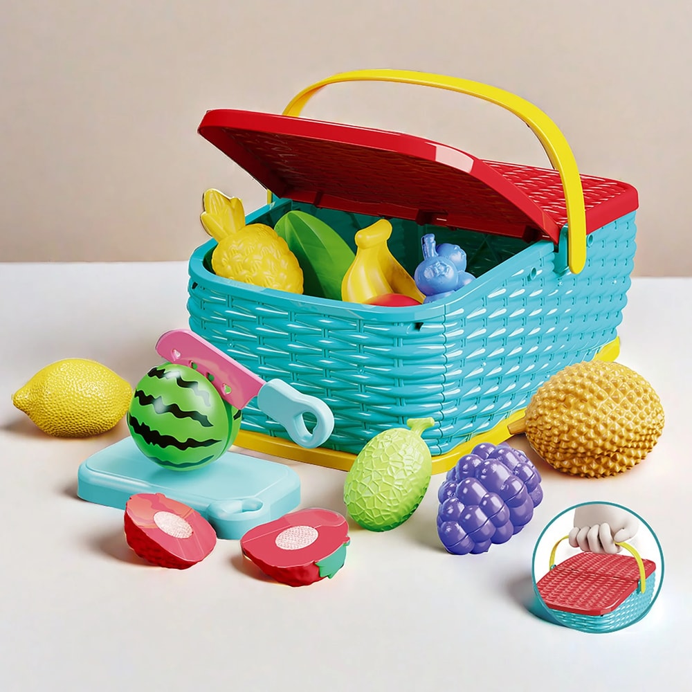 Fruit Toy Cutting Play Food Drink Toy, Pretend Play Simulation Kitchen Set for Kids, Portable Picnic Basket