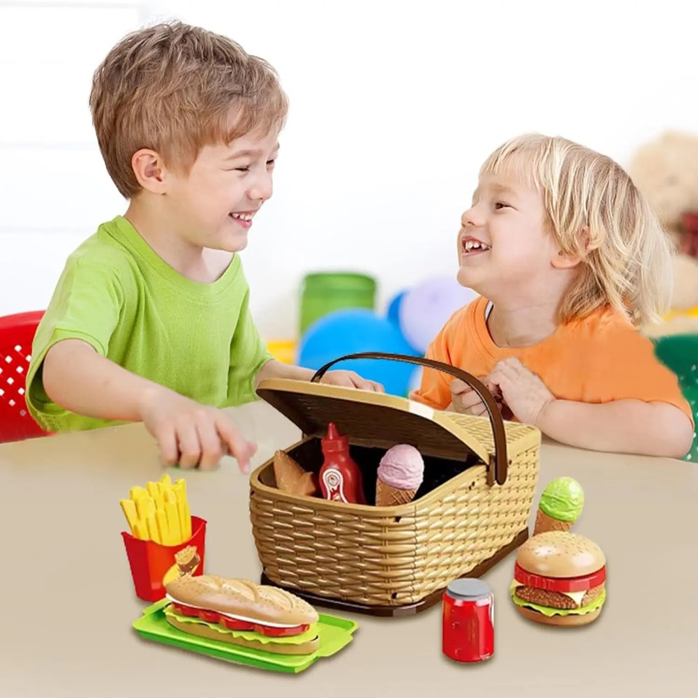 Fruit Toy Cutting Play Food Drink Toy, Pretend Play Simulation Kitchen Set for Kids, Portable Picnic Basket