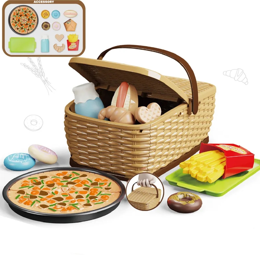 Fruit Toy Cutting Play Food Drink Toy, Pretend Play Simulation Kitchen Set for Kids, Portable Picnic Basket