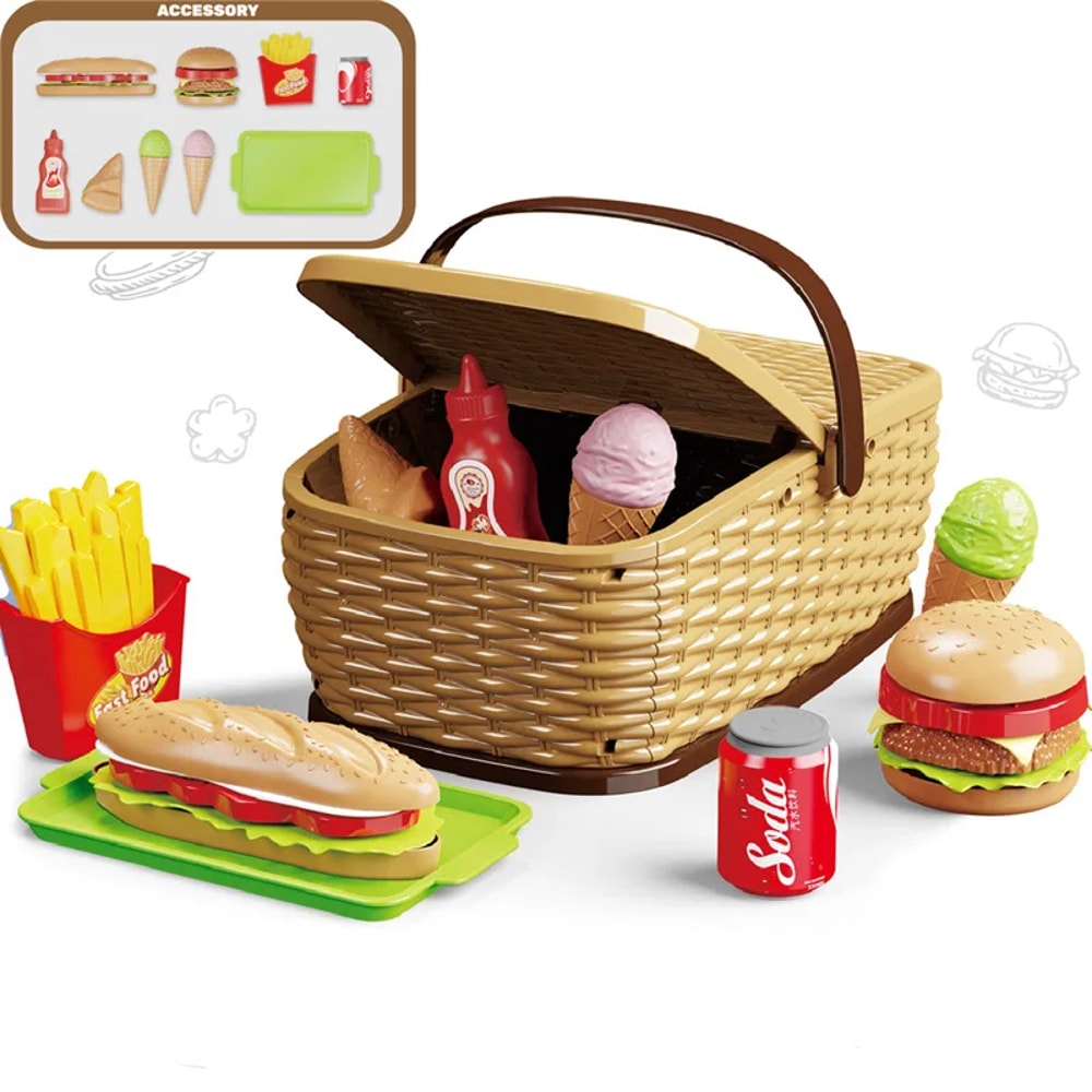 Fruit Toy Cutting Play Food Drink Toy, Pretend Play Simulation Kitchen Set for Kids, Portable Picnic Basket