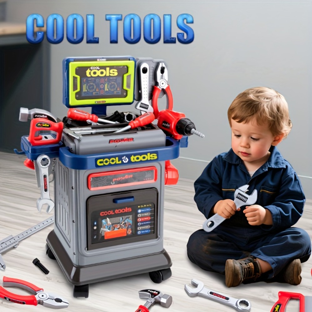 Electric Drill Kids Tool Bench Cart Set, Construction Workbench Toy for Boys, Toddler Christmas Gift