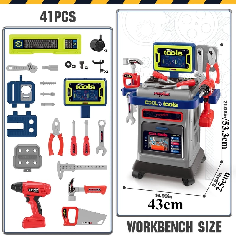Electric Drill Kids Tool Bench Cart Set, Construction Workbench Toy for Boys, Toddler Christmas Gift