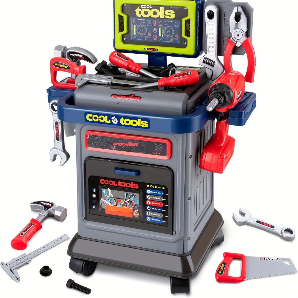 Electric Drill Kids Tool Bench Cart Set, Construction Workbench Toy for Boys, Toddler Christmas Gift