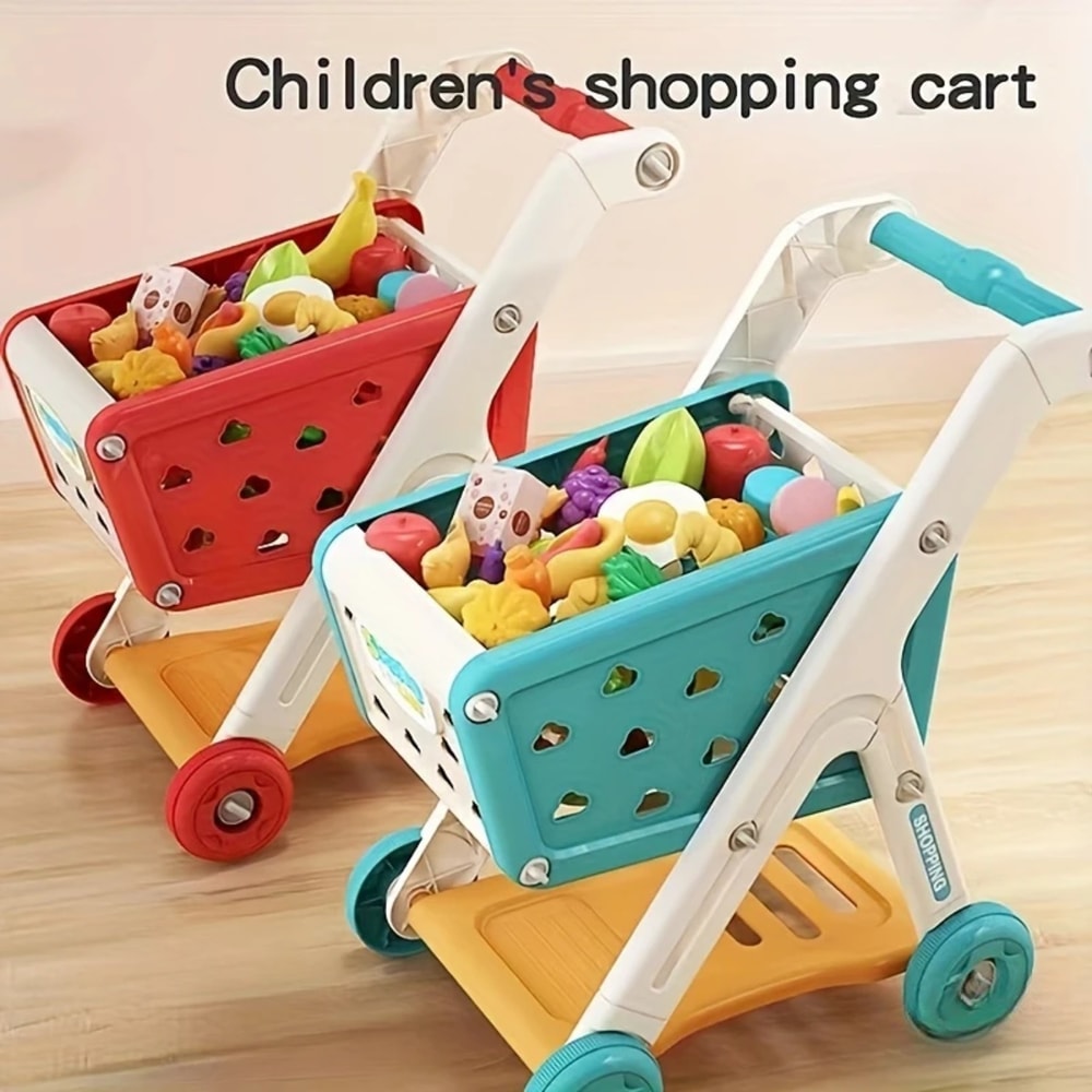 Toddler Shopping Cart Trolley Playset, Educational Toy with Food, Fruits, and Vegetables for Kids