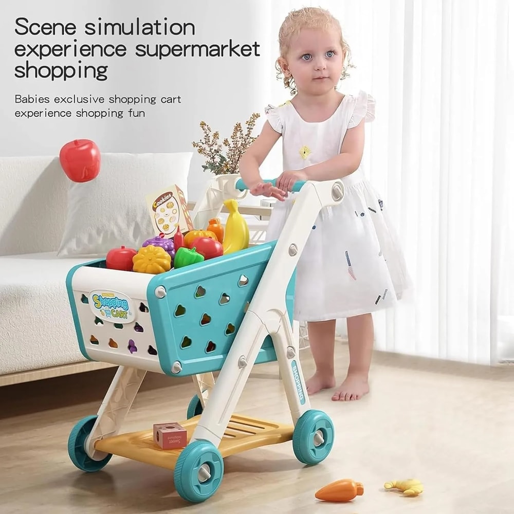 Toddler Shopping Cart Trolley Playset, Educational Toy with Food, Fruits, and Vegetables for Kids