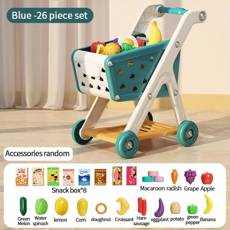 Toddler Shopping Cart Trolley Playset, Educational Toy with Food, Fruits, and Vegetables for Kids