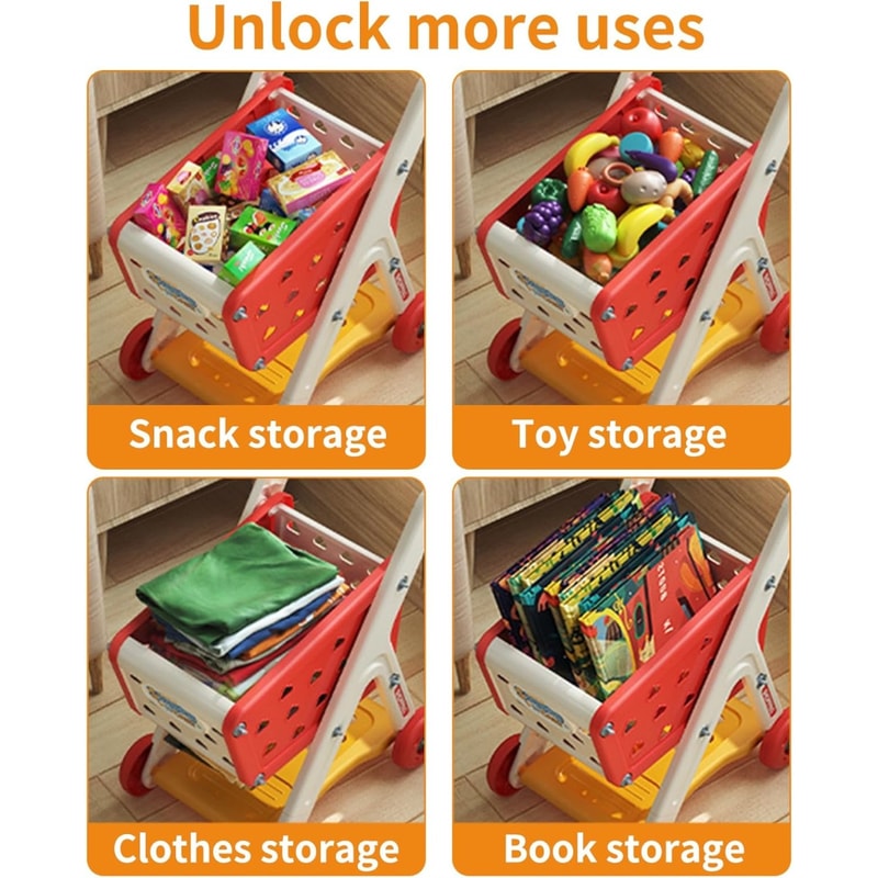 Toddler Shopping Cart Trolley Playset, Educational Toy with Food, Fruits, and Vegetables for Kids