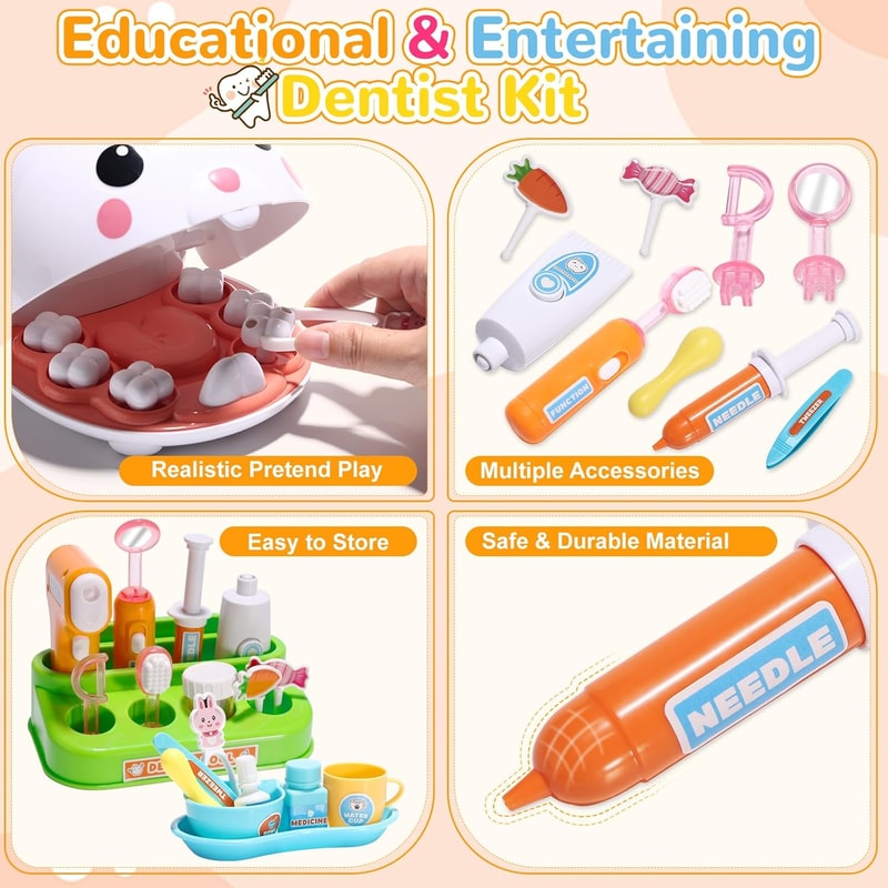 Pretend Play Medical Kit, Bunny Doctor Kit for Toddlers, Dentist Role Play Brush Teeth Toys for Girls, Boys