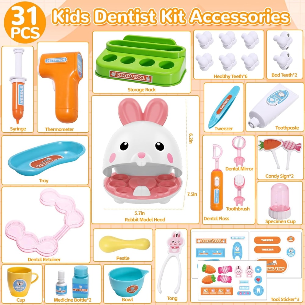 Pretend Play Medical Kit, Bunny Doctor Kit for Toddlers, Dentist Role Play Brush Teeth Toys for Girls, Boys