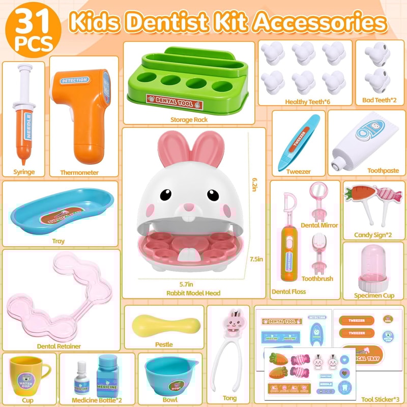 Pretend Play Medical Kit, Bunny Doctor Kit for Toddlers, Dentist Role Play Brush Teeth Toys for Girls, Boys