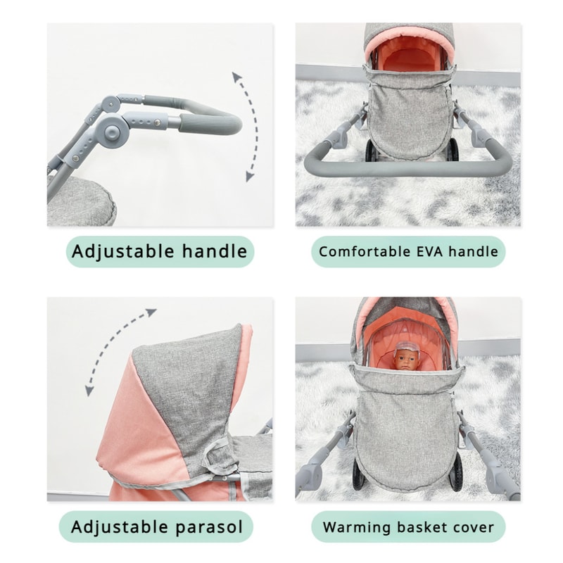 Large Foldable Baby Doll Stroller With Shoulder Bag Retractable Canopy Adjustable Soft Handle For K 2