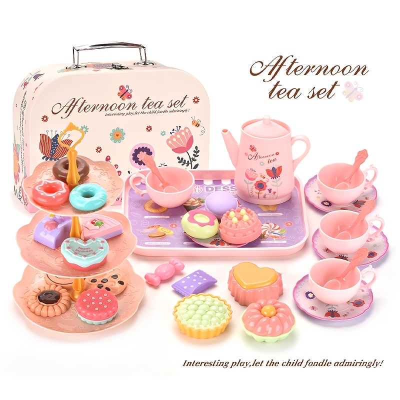 Flower Tea Set Toys for Toddlers, Tea Party Set for Little Girls, Kitchen Pretend Play Toys, Dessert Cake Christmas Gift