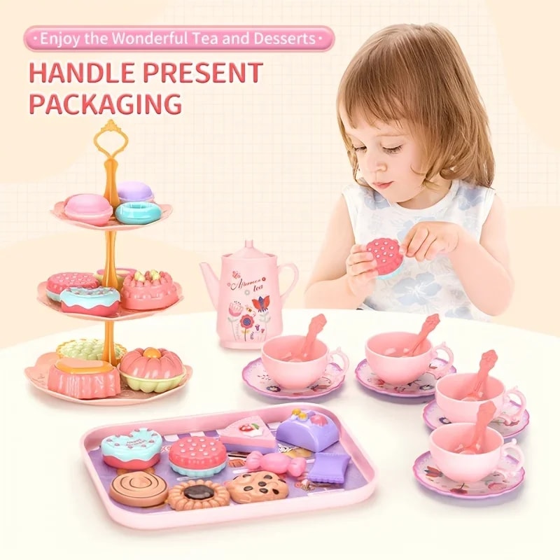 Flower Tea Set Toys for Toddlers, Tea Party Set for Little Girls, Kitchen Pretend Play Toys, Dessert Cake Christmas Gift