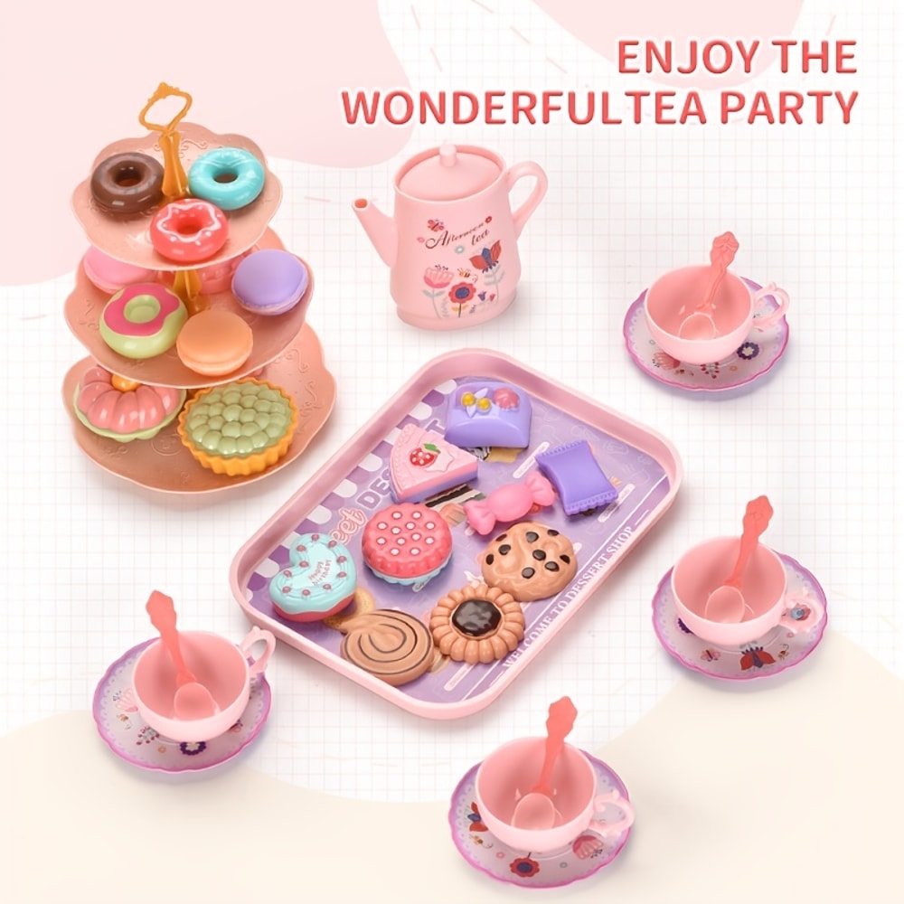 Flower Tea Set Toys for Toddlers, Tea Party Set for Little Girls, Kitchen Pretend Play Toys, Dessert Cake Christmas Gift