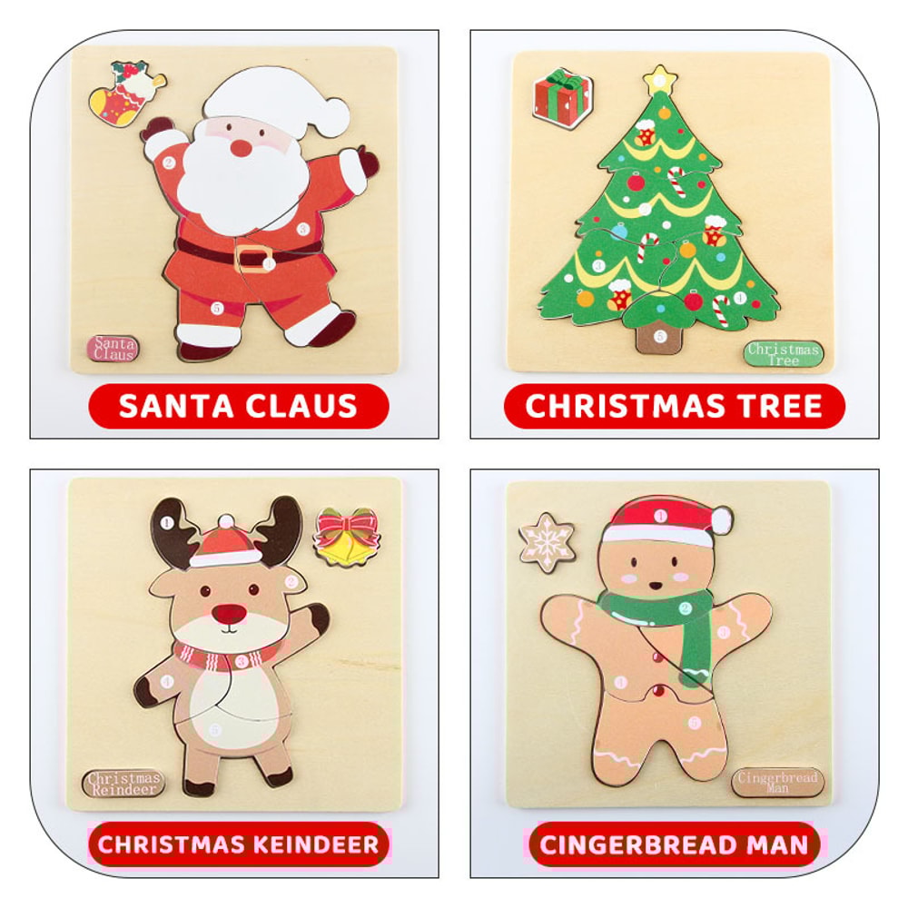 Santa Claus Reindeer Christmas Tree Gingerbread Man Wooden Puzzle Set Educational Toy Handmade Christmas Gift