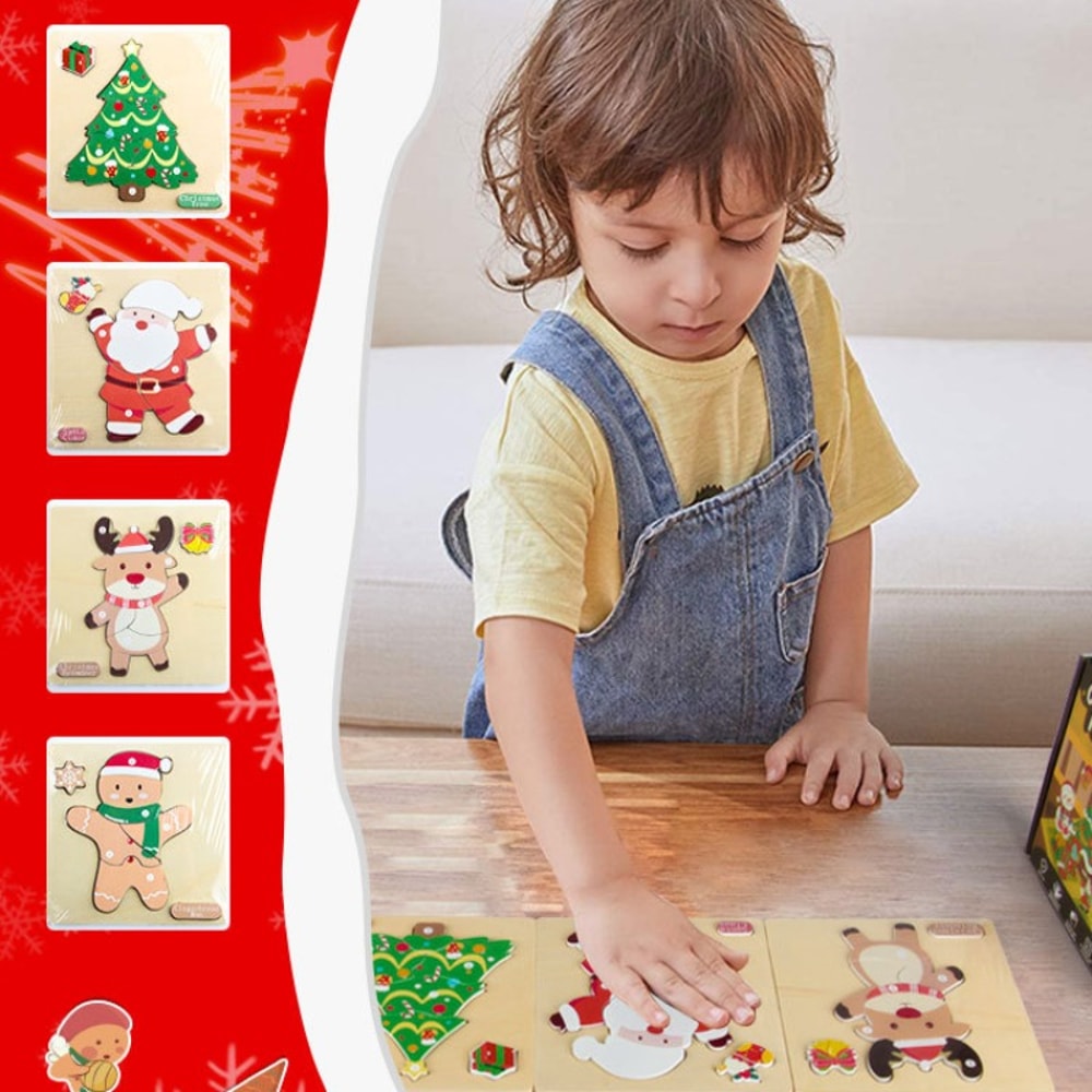 Santa Claus Reindeer Christmas Tree Gingerbread Man Wooden Puzzle Set Educational Toy Handmade Christmas Gift