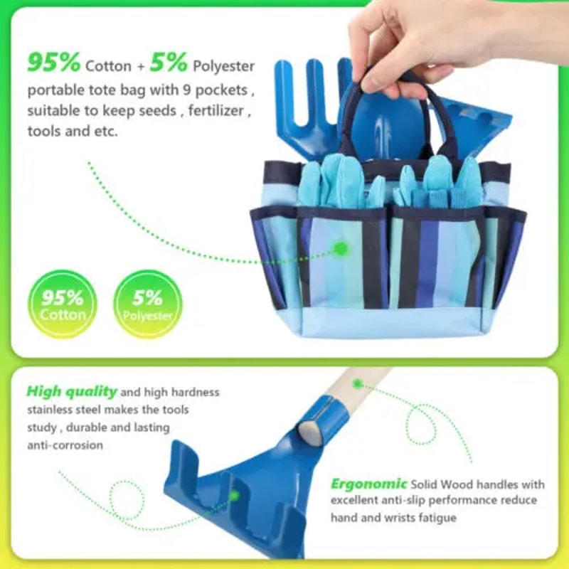 Gardening Tool Set For Kids Shovel Rake Fork Trowel Gloves Watering Can Tote Bag Outdoor Gardening 4