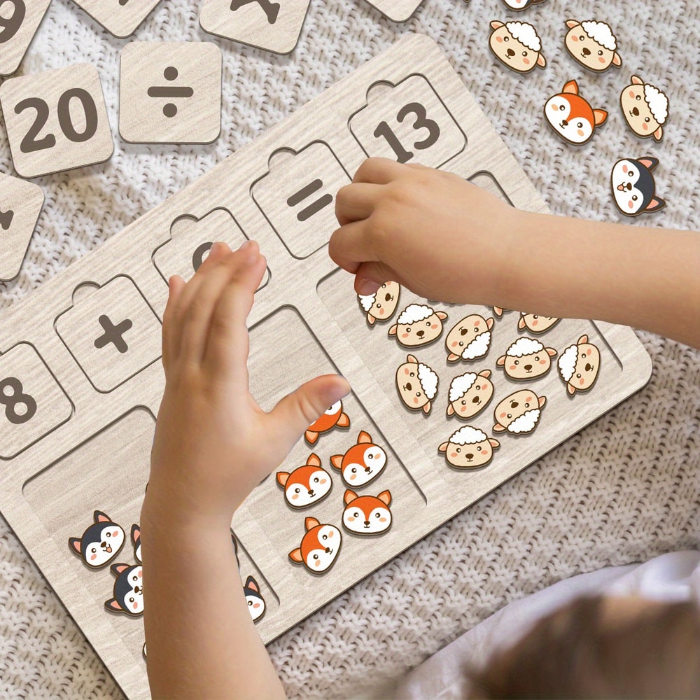 Educational Wooden Math Arithmetic Board Set with Number Blocks, Counting Animals, Early Learning Toy for Toddlers