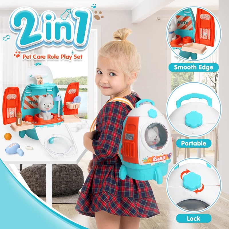 Pet Cat Dog Carrier Backpack Toy, 18PCS Pet Care Playset,Vet Clinic and Doctor Kit for Kids, Pet Veterinarian Medical Role Play