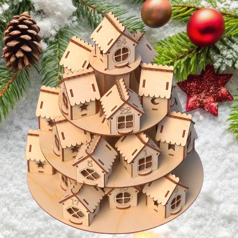 Wooden Advent Calendar House, Houses Countdown, Christmas DIY Kraft Gift, Family Home Decoration