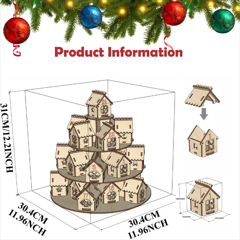 Wooden Advent Calendar House, Houses Countdown, Christmas DIY Kraft Gift, Family Home Decoration
