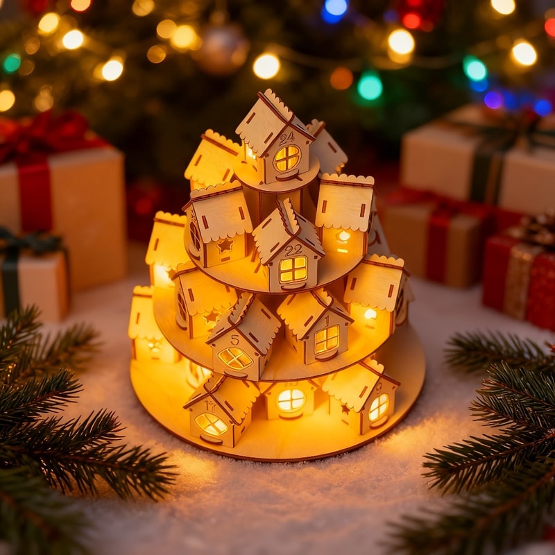 Wooden Advent Calendar House, Houses Countdown, Christmas DIY Kraft Gift, Family Home Decoration