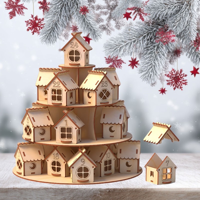 Wooden Advent Calendar House, Houses Countdown, Christmas DIY Kraft Gift, Family Home Decoration