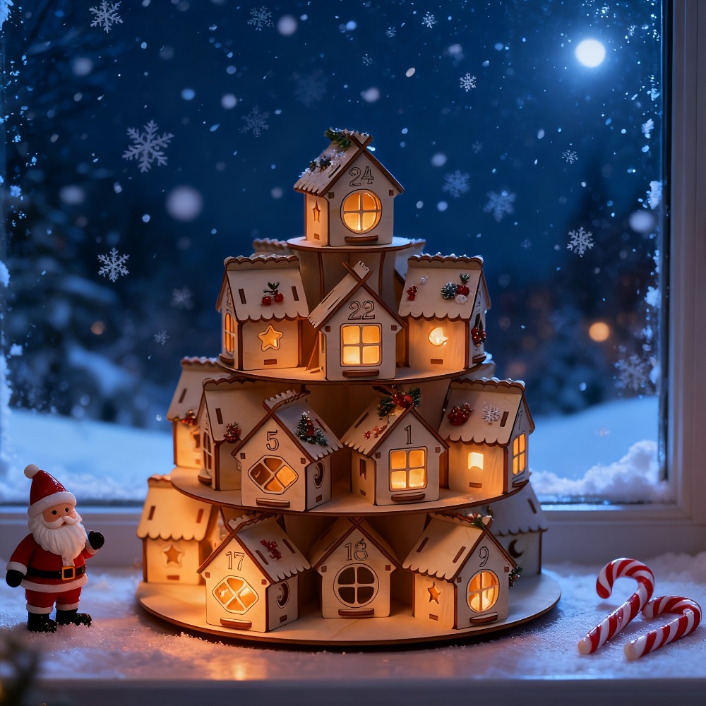 Wooden Advent Calendar House, Houses Countdown, Christmas DIY Kraft Gift, Family Home Decoration