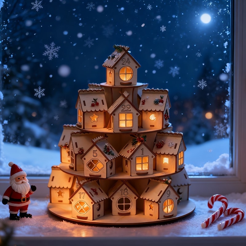 Wooden Advent Calendar House, Houses Countdown, Christmas DIY Kraft Gift, Family Home Decoration