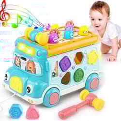 interactive music activity bus for kids, shape sorter toy with sound & light, whack-a-mole, cartoon school bus for babie