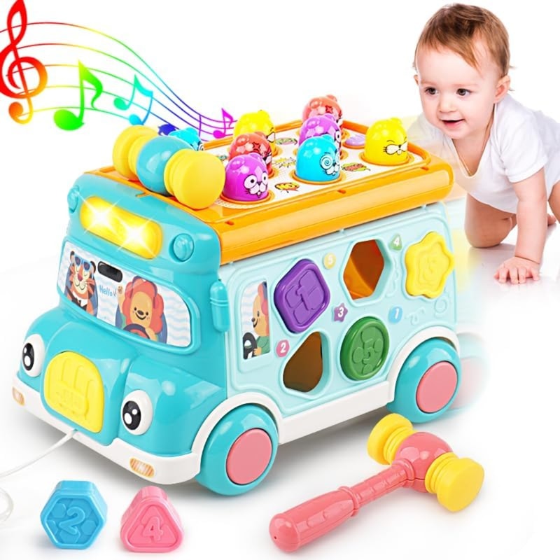 Interactive Music Activity Bus For Kids Shape Sorter Toy With Sound Light WhackaMole Cartoon Schoo 0