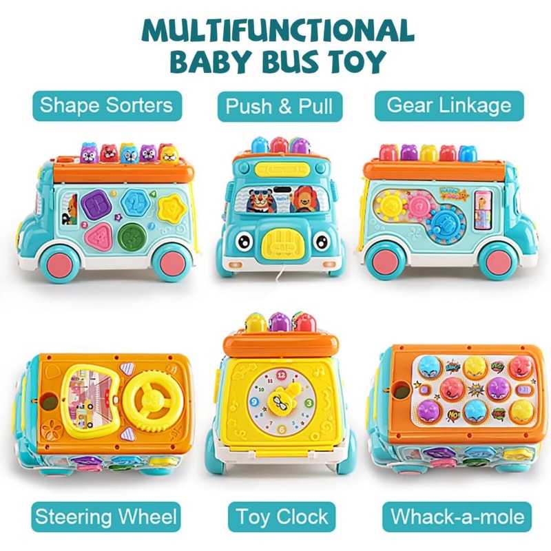 Interactive Music Activity Bus For Kids Shape Sorter Toy With Sound Light WhackaMole Cartoon Schoo 2