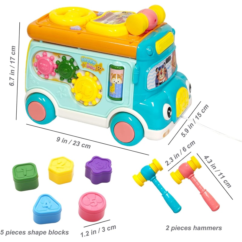 Interactive Music Activity Bus For Kids Shape Sorter Toy With Sound Light WhackaMole Cartoon Schoo 7