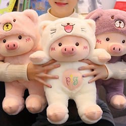 stuffed cartoon pig plush toy with bear hat, cute doll for bed sofa decoration, birthday gifts for kids & adults