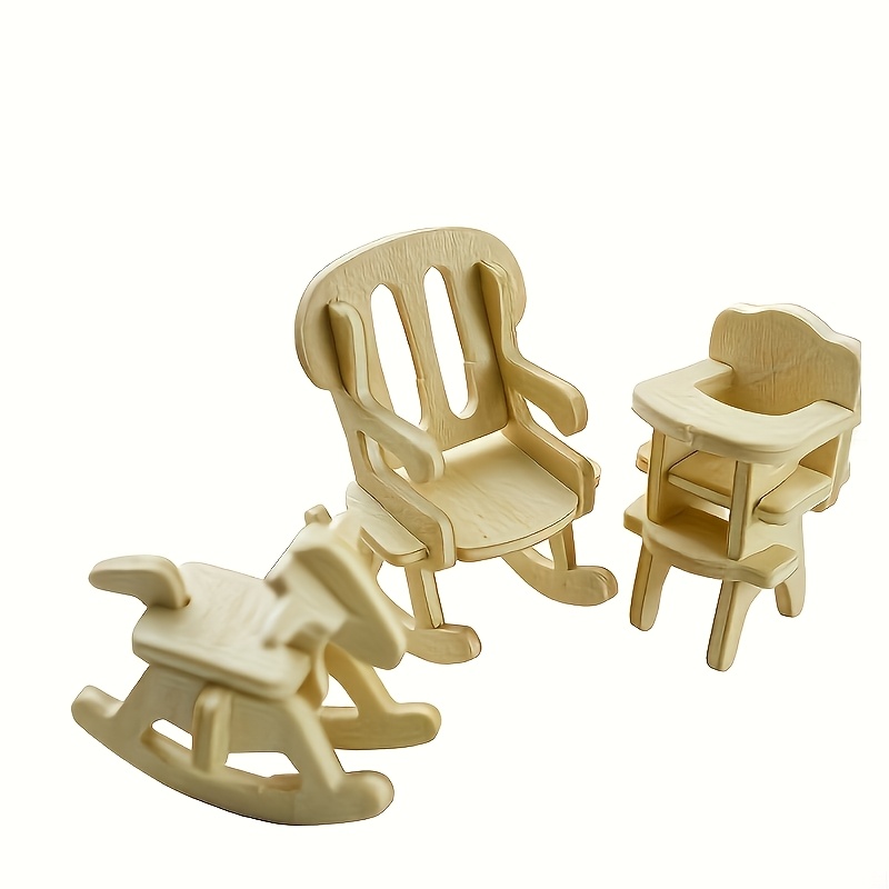 Natural Wood Mini House Furniture Collection Models DIY Wooden Dollhouse