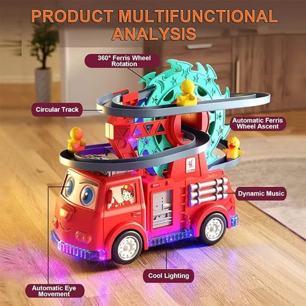 Interactive Fire Engine Slide Toy, Toddler Playset with Music & Light, Racing Track Ferris Wheel Birthday Gift for Kids