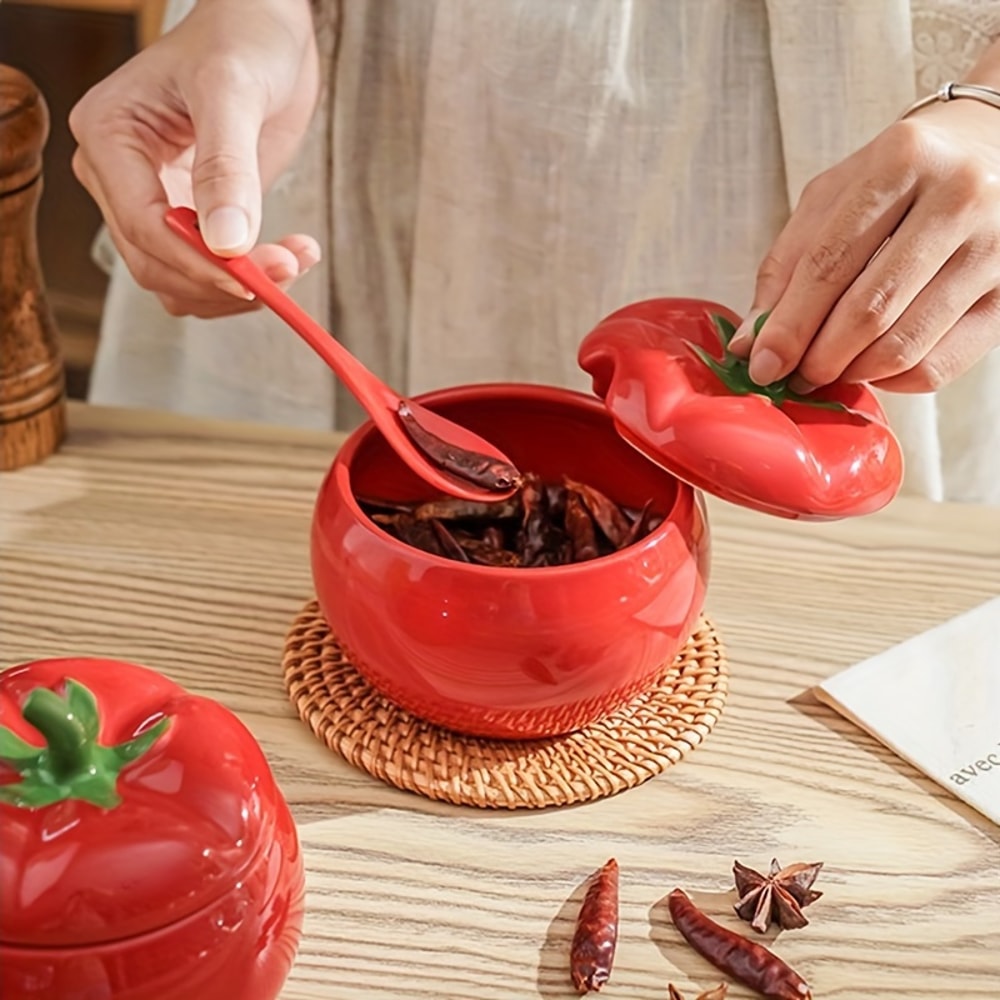 Tomato Ceramic Sugar Bowl with Spoon, Storage Spice Jar, Kitchen Dining Table Seasoning Container, Christmas Decorative