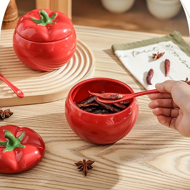 Tomato Ceramic Sugar Bowl with Spoon, Storage Spice Jar, Kitchen Dining Table Seasoning Container, Christmas Decorative