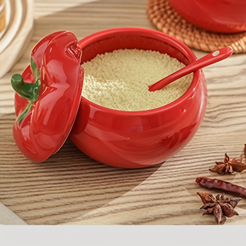 Tomato Ceramic Sugar Bowl with Spoon, Storage Spice Jar, Kitchen Dining Table Seasoning Container, Christmas Decorative