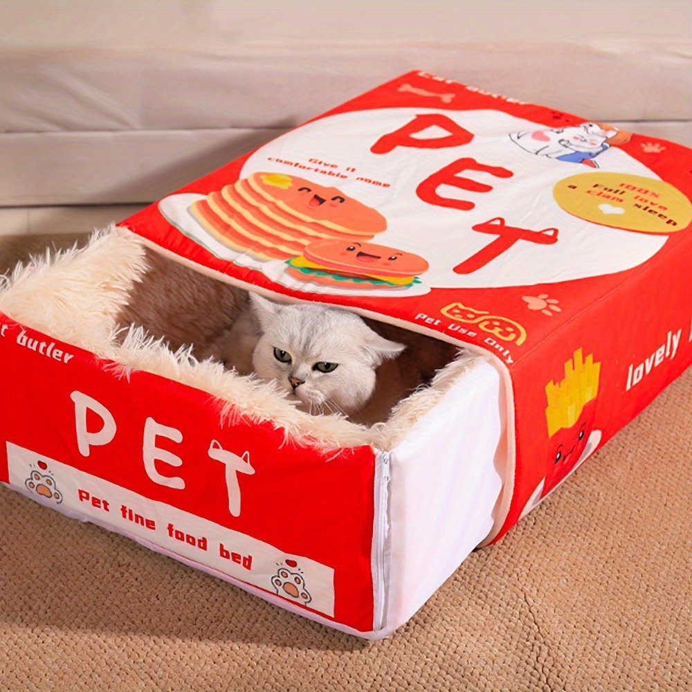 Plush Pet House, Rectangular Cat Nest Bed with Zipper, Soft Cotton Snack Box for Cats, Dogs, Puppies