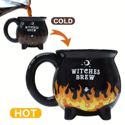 witches brew cauldron mug, ceramic heat sensitive cup, color changing stoneware
