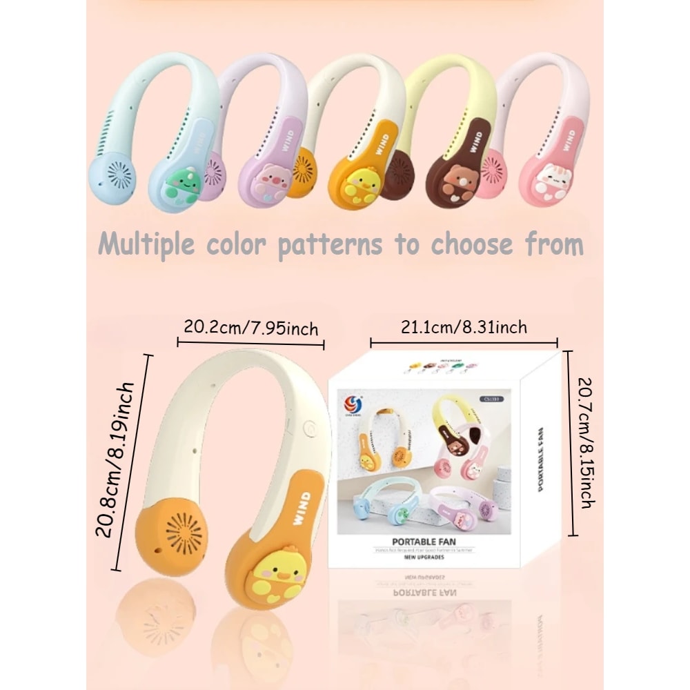 Cute Pink Pig Portable Neck Fan, Dinosaur Bladeless Fan, Speeds Rechargeable Wearable Personal USB Neck Fan