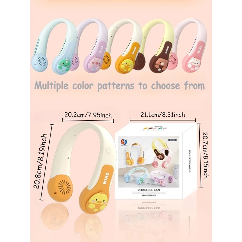 Cute Pink Pig Portable Neck Fan, Dinosaur Bladeless Fan, Speeds Rechargeable Wearable Personal USB Neck Fan